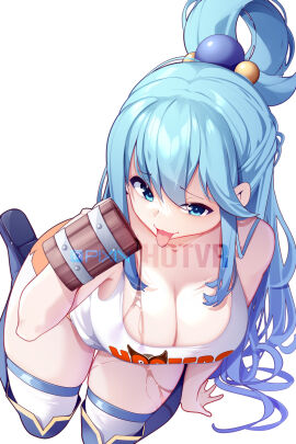 1girls alcohol aqua_(konosuba) artist_name beer beer_mug blue_eyes blue_footwear blue_hair boots breasts commentary_request cup female highres holding holding_cup hooters hotvr kono_subarashii_sekai_ni_shukufuku_wo! large_breasts long_hair looking_at_viewer mug ponytail shirt simple_background sitting solo tank_top thigh_boots thighhighs tongue tongue_out very_long_hair wariza watermark white_background white_shirt white_tank_top white_thighhighs