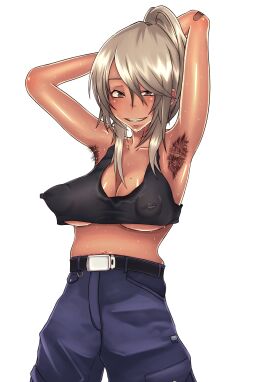 armpit_hair armpits blush breasts covered_nipples crop_top dark-skinned_female dark_skin female large_breasts looking_at_viewer mole mole_on_breast mole_under_eye mutsuki_yamato navel original smile solo sweat