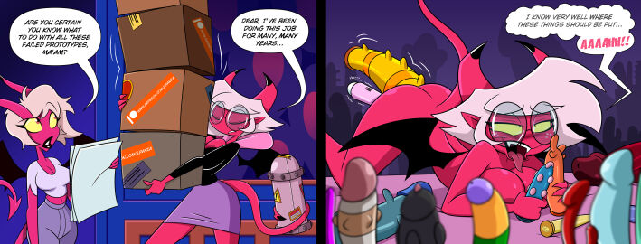 2_panel_comic 2d 2girls ahe_gao asmodeus'_assistant background_character bent_over big_breasts black_eyes black_lips breasts cleavage clothed comic demon dialogue dildo dildo_in_ass dildo_in_pussy dildo_insertion double_insertion english_text female female_only freckles freckles_on_face helluva_boss hi_res holding_object_with_tail huge_breasts ilpanza masturbation midriff moaning_in_pleasure navel no_bra pink_hair pink_skin pointy_ears public public_exposure public_nudity pussy revealing_clothes sex_toy sex_toy_insertion sex_toys sharp_teeth sparkles_j speech_bubble succubus succubus_horns succubus_tail succubus_wings tail_hold teasing tongue tongue_out tooth_gap vibrating vibrating_dildo vibrator vibrator_in_ass vibrator_in_pussy vivienne_medrano vivziepop yellow_sclera