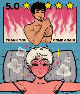 1boy after_cunnilingus afterglow akairiot beard black_camisole black_hair blush camisole chest_hair commentary couple dazed english_commentary english_text facial_hair female female_orgasm flat_color full-body_blush full-face_blush heart highres limited_palette male muscular muscular_male on_bed orgasm original out-of-frame_censoring pillow pixie_cut pussy pussy_juice short_hair solo_focus straight strap_slip sweat thick_eyebrows topless_male white_hair wiping_mouth