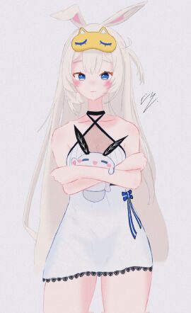 1girls animal_ears bangs bare_shoulders blonde_hair blue_eyes blush bunny bunny_ears bunny_girl closed_mouth cowboy_shot crossed_arms dress female holding holding_stuffed_toy long_hair looking_at_viewer mask mask_on_head silver_hair solo standing striped striped_background stuffed_animal stuffed_bunny stuffed_toy vertical_stripes very_long_hair virtual_youtuber vyugen yenko