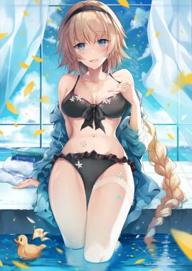 1girls absurd_res absurdres arm_support belly belly_button bikini bikini_bottom bikini_top black_bikini black_bikini_bottom black_bikini_top black_hairband black_string_bikini black_swimsuit black_swimwear blonde-haired_female blonde_female blonde_hair blue-eyed_female blue_background blue_eyes braid braided_hair braided_ponytail breasts cleavage collarbone curtains dot_nose dripping_wet duck fate/grand_order fate_(series) female female_focus female_only fingernails fingers frilled_bikini frilled_bikini_bottom frilled_swimsuit groin hairband half_naked hand_on_breast hand_on_chest hand_on_floor hand_on_ground hand_on_own_breast hand_on_own_chest head_tilt high_resolution highres hirai_yuzuki hourglass_figure jeanne_d'arc_(fate) knees legs legs_together light-skinned_female light_skin long_hair looking_at_viewer medium_breasts naked naked_female navel nude nude_female open_mouth open_mouth_smile parted_lips partially_submerged partially_submerged_legs ponytail pool poolside pussy shoulders sitting slender_body slender_waist slim_female slim_waist smile smiling smiling_at_viewer soaked solo string_bikini submerged_feet submerged_legs swimsuit swimwear thick_thighs thighs thin_waist tilted_head tongue underboob upper_body v-line very_long_hair water wet wet_belly wet_bikini wet_body wet_breasts wet_legs wet_skin wet_thighs wide_hips window