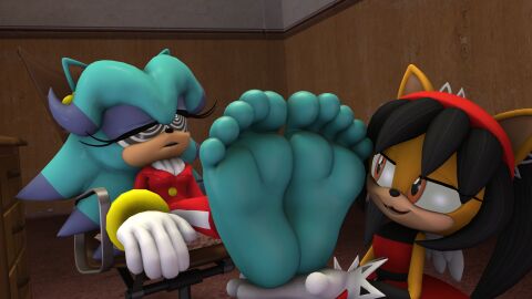 3d breezie_the_hedgehog clothing dazed dominant dominant_female duo feet female female/female foot_fetish hi_res honey_the_cat humanoid_feet hypnosis mind_control plantigrade sega sonic_(series) sonic_the_fighters sonic_the_hedgehog_(series) spirals submissive submissive_female suit