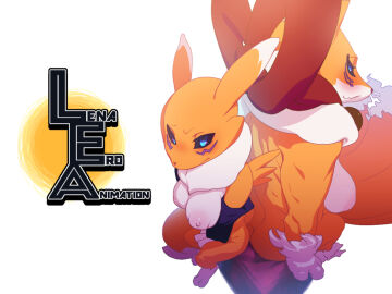 2015 4:3 anthro areola back_to_back bandai_namco big_areola big_breasts black_sclera blue_eyes blush breasts canid canine chest_tuft cleavage clothed clothing digimon digimon_(species) digitigrade duo english_text female fingerless_gloves fox fur gloves handwear kemono kyubimon mammal okiyo renamon text tuft white_body white_fur yellow_body yellow_fur