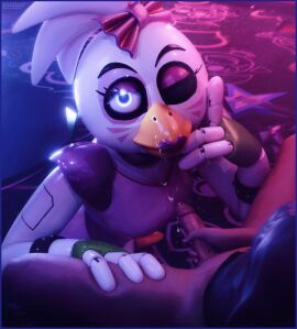 1boy 1girls 3d 3d_(artwork) accurate_art_style animatronic beak chica_(fnaf) cum_on_face cumshot female five_nights_at_freddy's five_nights_at_freddy's:_security_breach glamrock_chica_(ashleyorange) glamrock_chica_(fnaf) hand_on_thigh male mrcourage616 on_model robot robot_girl straight