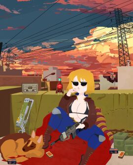 1girls artist_request big_breasts blonde_hair bra breasts canine clothing dogmeat fallout female goes_hard gun jacket looking_at_viewer open_clothes short_hair sitting smoking vault_dweller vault_girl vault_suit