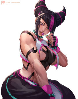 1girls alternate_version_available aqua_eyes baggy_pants black_hair bracelet breasts candy capcom chest_harness collar crazy_eyes crazy_straw crop_top diagonal_bangs drinking_straw female female_only fingerless_gloves fingernails food gloves green_nails hair_horns hand_up harness heterochromia holding holding_candy holding_food holding_lollipop jewelry juri_han kasai_x3 large_breasts lejeanx3 licking lips lollipop looking_at_viewer multicolored_hair nail_polish open_mouth pants patreon_logo pink_eyes pink_hair simple_background sitting smile solo spiked_bracelet spiked_collar spikes street_fighter street_fighter_6 toned tongue tongue_out two-tone_hair web_address white_background