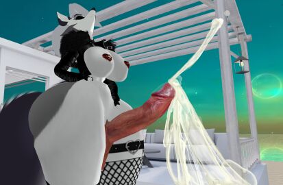 3d absurd_res ambiguous_fluids anthro beach big_breasts big_penis black_clothing black_jacket black_nose black_topwear blue_sky bodily_fluids breasts canid canid_demon canine canis closed_eyes clothing cum demon female feral fishnet_clothing futanari genital_fluids genitals grey_tail hellaverse hellhound helluva_boss hi_res humanoid_genitalia imvu intersex jacket legwear loona_(helluva_boss) mammal mythological_canine mythological_creature mythology orgasm penis pink_penis raised_head sky solo sunset tail topwear unknown_artist white_furniture wolf