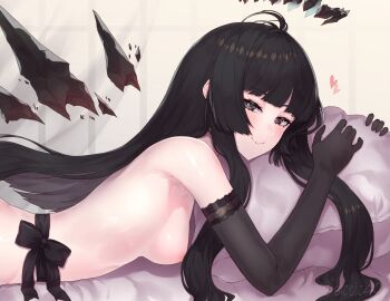 1boy 1girls 2025 areola_slip arknights black_eyes black_gloves black_hair black_halo black_wings breasts detached_wings elbow_gloves female gloves hair_censor halo hi_res lying male medium_breasts naked_gloves on_bed on_stomach pillow pillow_grab sicsic49 smile solo virtuosa_(arknights) wings