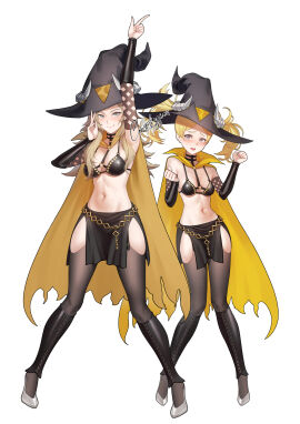 2girls bikini_top black_bikini_top blonde_hair blue_eyes breasts cape cleavage commission cosplay detached_sleeves female female_only fire_emblem fire_emblem_awakening fire_emblem_fates grandmother_and_granddaughter hat high_heels highres large_breasts lissa_(fire_emblem) loincloth long_hair medium_breasts miniskirt multiple_females multiple_girls navel nintendo ophelia_(fire_emblem) shizuko_hideyoshi teenager thighhighs thighs twintails unicorn_overlord witch witch_costume witch_hat yahna_(cosplay)
