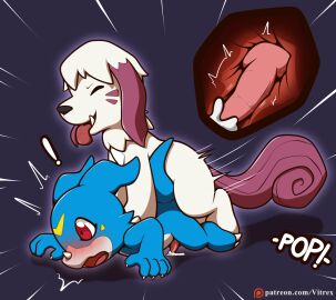 all_fours anal anal_sex animal_genitalia animal_penis anthro ass bandai_namco blue_body blush bodily_fluids canid canine canine_genitalia canine_penis claws cum cum_in_ass cum_inside cum_on_ground digimon digimon_(species) digital_media_(artwork) doggy_style duo ejaculation erection fangs feral from_behind_position fur genital_fluids genitals horn knot knotting labramon male male/male male_penetrated male_penetrating male_penetrating_male mammal nude open_mouth orgasm penetration penis scalie sex simple_background smile tail teeth text tongue url veemon vitrex white_body white_fur