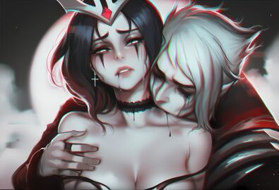 ai_art ai_assisted ai_generated aisei artistic_nude beautiful_sadness bite bite_mark_on_neck blood_drip blood_on_face choker couple couple_(romantic) couple_love crying crying_blood dramatic dramatic_pose forsaken glitch glitching holding_head hug_from_behind inspired_by_music_album league_of_legends league_of_legends:_wild_rift leblanc light makeup sad shattered tears vampire vladimir_(league_of_legends)