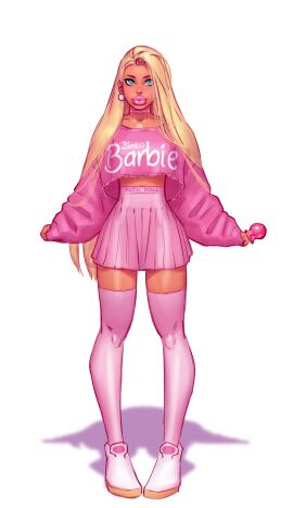 1girls barbie_(franchise) bimbo blonde_hair blue_eyes candy clothed clothing female footwear kaycee_brady long_sleeve_shirt long_sleeves shoes skirt solo the_brady_bunch theofficialpit thick_thighs thighhighs waist_length_hair
