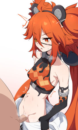 1boy 1girls ^^^ animal_ears bar_censor bare_shoulders black_gloves breasts bright_pupils censored donutman eyepatch fake_animal_ears female fingerless_gloves gloves highres koleda_belobog light-skinned_female light-skinned_male light_skin long_hair male mosaic_censoring penis red_eyes red_hair sex small_breasts standing_missionary stomach_bulge white_pupils zenless_zone_zero