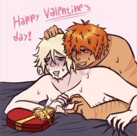 beelzebub_(obey_me) blonde_female blue_eyes couple couple_sex drooling eyebags female hair_grab obey_me! obey_me!_one_master_to_rule_them_all oc orange_hair original_character piercing scars_on_arm selfship selfshipping sharp_teeth sweat sweatdrop tan_skin valentine's_day yumeshipping