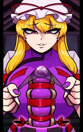 10:16 1girls 2d animated big_breasts blonde_hair breasts cock_bondage disembodied_penis dress female female_focus femdom gap_(touhou) glans_rub glans_stimulation glans_torture glansjob hat huge_breasts indoors jerking jerking_off long_hair looking_at_penis lotion_gauze male male_squirting masturbation mob_cap nail_polish now_you're_thinking_with_portals open_mouth pantyjob penile_squirting penis penis_bondage polishing portal purple_eyes purple_nail_polish purple_nails reppx_ren smile source tabard throbbing throbbing_penis touhou vertical_video yukari_yakumo