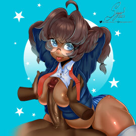 blue_eyes breasts brown_hair brown_skin commissioner_upload cute dark-skinned_male dark_skin glasses male medium_breasts nipples original_character school_uniform seiska_(refractantshell) stars sugarlover77 tongue tongue_out upper_body