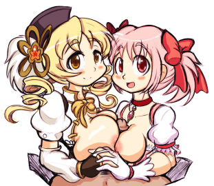 1boy 2018 2girls asymmetrical_docking beret blonde_hair breasts breasts_out brown_hat choker closed_mouth color_edit colorfag cooperative_paizuri double_paizuri dress drill_hair drillslewds edit feathers female gloves hair_flower hair_ribbon hat holding_hands huge_breasts looking_at_viewer madoka_kaname mahou_shoujo_madoka_magica male medium_breasts medium_hair navel open_mouth outercourse paizuri penis pink_dress pink_hair pov red_eyes red_ribbon ribbon short_hair short_twintails smile soul_gem threesome titjob tomoe_mami twin_drills twintails white_dress yellow_eyes yellow_flower