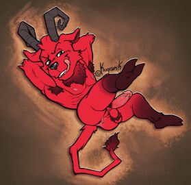 1boy 2025 2d anthro anthro_male anthro_only anus armpit_hair artist_request balls balls_tuft body_hair bovid brown_background chest_tuft completely_nude completely_nude_male dipstick_tail don't_starve_(series) don't_starve_together fur genitals hands_behind_head hi_res hooves horn humanoid_genitalia humanoid_penis imp klei_entertainment kooparik licking licking_lips male male_only mammal markings muscular muscular_male nipples nude nude_male penis pink_nipples pose presenting pupils raised_arms raised_leg red_body red_fur signature simple_background smug solo tail tail_markings tongue tongue_out tuft wortox