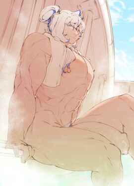 1boy big_penis blue_hair gerard_quinn hotsprings large_penis long_hair male male_only multicolored_hair muscular muscular_male original penis sitting solo solo_male steam stellarny towel wet white_hair