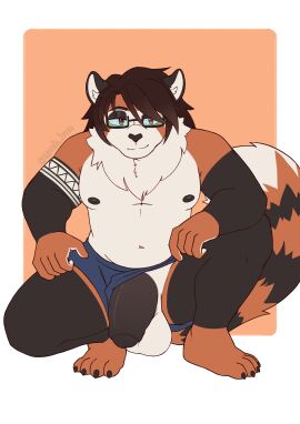 absurd_res ailurid anthro balls big_balls big_penis black_penis brown_hair claws clothed clothing clothing_aside crouching dark_eyelids eyewear foreskin fur fur_markings genitals glasses hair hi_res long_tail looking_at_viewer male mammal markings marsh_bunn multicolored_body multicolored_fur navel neck_tuft nipples partially_clothed partially_retracted_foreskin penis penis_poking_out penis_through_leghole red_panda rena_(renacali) retracted_foreskin smile smirk solo tail toe_claws tuft uncircumcised