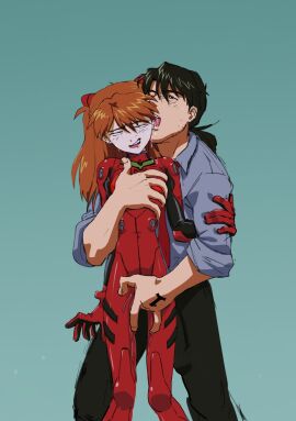 1boy amondetauro asuka_langley_sohryu black_pants blue_shirt bodysuit breasts female fingering fingering_through_clothes groping_breasts groping_from_behind highres licking male necktie neon_genesis_evangelion older_male older_male_and_younger_female older_penetrating_younger open_mouth pants pilot_suit plugsuit red_bodysuit ryoji_kaji saliva shirt simple_background teenage_female teenager teeth young younger_female