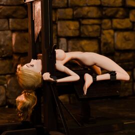 animated animated_gif blender_(software) blonde_hair blue_eyes bondage completely_nude dungeon female guillotine guillotine_(face_up) imminent_death imminent_execution impending_doom krakendagger lying lying_down lying_on_back lyra_(krakendagger) nude nude_female original peril ponytail restrained restrained_legs restrained_wrists scared struggling