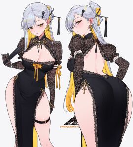 1girls absurdres alternate_costume ass back_cutout black_dress black_gloves blonde_hair blush breasts cleavage closed_mouth clothing_cutout colored_inner_hair dress earrings elbow_gloves feet_out_of_frame female folding_fan gloves hair_ornament hand_fan highres holding holding_fan jewelry large_breasts leaning_forward long_hair looking_at_viewer looking_back multicolored_hair multiple_views paid_reward_available patreon_username qiandaiyiyu short_sleeves simple_background standing thigh_strap thighs two-tone_hair white_background white_hair yellow_eyes yixuan_(zenless_zone_zero) zenless_zone_zero
