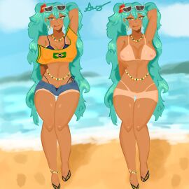 beach big_breasts bikini blue_eyes blue_hair brazil brazilian brazilian_female brazilian_miku breasts female hatsune_miku sandals smirk tan_lines tan_skin twintails vocaloid waist_beads