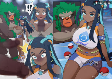 !! 1boy 1girls :o alternate_breast_size ape artist_name balls blue_hair blush breast_grab breasts censored clothed_female_nude_male clothes_lift creatures_(company) dark-skinned_female dark_skin earrings erection everyday2 female game_freak generation_8_pokemon gym_leader haplorhine hi_res hoop_earrings huge_breasts huge_cock imminent_rape long_hair male molestation mosaic_censoring multicolored_hair nessa_(pokemon) nintendo nipples open_mouth paid_reward_available penis penis_awe pokemon pokemon_(species) pokemon_ss pokephilia primate public public_sex rillaboom sequential size_difference stadium standard_pokeball straight swimsuit testicles very_long_hair zoophilia