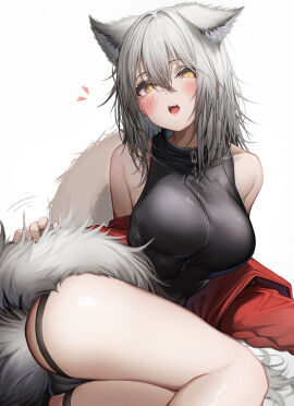 2024 absurd_res animal_humanoid arknights blush breasts camel_toe cameltoe canid canid_humanoid canine canine_humanoid female grey_hair hair heart_symbol hi_res humanoid hypergryph looking_at_viewer mammal mammal_humanoid open_mouth projekt_red_(arknights) pussy simple_background solo studio_montagne tab_head tabhead white_background wolf_humanoid yellow_eyes