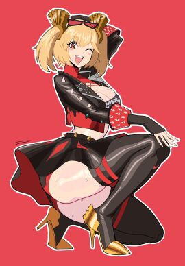 1girls ass big_ass big_breasts blonde_hair breasts bubble_ass bubble_butt burnice_white clothing crouching fat_ass female female_only hoyoverse jpeg large_ass light-skinned_female light_skin looking_at_viewer mihoyo octavius_dp one_eye_closed red_eye solo squatting sunglasses sunglasses_on_head thick_ass thick_thighs wide_hips zenless_zone_zero