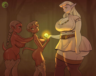 3girls artfoo_1 big_breasts cleavage completely_nude dark-skinned_female dark_skin elf elf_ears humanoid light-skinned_female light_skin original pointy_ears size_difference tail taller_female thick_thighs voluptuous voluptuous_female