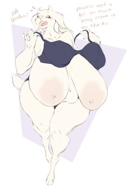 1girls anthro areolar_amelanism big_breasts bra breasts chubby chubby_female dullvivid female huge_breasts mature_female milf navel red_eyes sagging_breasts solo thick_thighs toriel undertale veiny_breasts white_fur