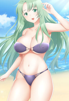 1girls alternate_costume beach bikini blue_sky breasts cecilia_(fire_emblem) cleavage cloud collarbone covered_nipples female female_only fire_emblem fire_emblem:_the_binding_blade green_eyes green_hair ham_pon highres large_breasts long_hair looking_at_viewer navel nintendo ocean open_mouth outdoors pink_nails purple_bikini purple_swimsuit sand skindentation sky smile solo stomach sunlight swimsuit underboob water
