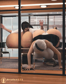 1boy 2girls 3d areolae ass big_areola big_nipples black_hair bradengts breasts breasts_bigger_than_head breasts_out clothing female female_focus final_fantasy final_fantasy_vii giantess hairband huge_ass huge_breasts hyper hyper_ass hyper_breasts ineffective_clothing large_female light-skinned_female light-skinned_male light_skin male mini_giantess nier nier:_automata nipples office office_lady outgrowing_clothes short_hair size_difference tifa_lockhart white_hair yorha_2b