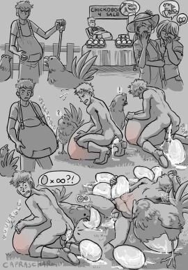 5_fingers avian backsack balls ballsack beak belly big_belly biped bird bodily_fluids caprascharm chicken clothed clothing cum cumshot duo egg egg_laying eggnant ejaculation exclamation_point female feral fingers galliform gallus_(genus) genital_fluids genitals group hands-free hi_res huge_belly human humanoid_genitalia humanoid_penis male male_pregnancy mammal multiple_scenes penis phasianid pregnancy pregnant pregnant_male trio