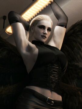 1girls 3d 3d_(artwork) alternate_costume alternate_outfit armpits arms_up assertive_female belt belt_buckle biceps black_clothing black_sleeves black_topwear blonde-haired_female blonde_female blonde_hair breast_focus breasts capcom clothed_female dominant_female eyelashes eyeshadow female fetish fit fit_female flexing flexing_bicep goth goth_girl goth_milf halter_top hands_up leather_pants light-skinned_female light_skin lipstick long_hair long_sleeves looking_at_viewer looking_down looking_down_at_viewer milf mother_miranda_(resident_evil) muscular muscular_arms muscular_female navel pale-skinned_female pale_skin posing posing_for_the_viewer presenting presenting_armpit presenting_breasts puffing resident_evil resident_evil_8:_village sleeveless sleeves slicked_back_hair solo solo_female toned toned_female viewed_from_below white-skinned_female winged_humanoid word2