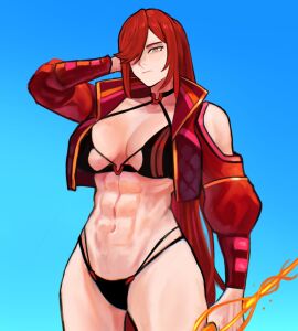 abs belinda_(explosifchoker) bikini explosifchoker female fire grey_eyes jacket muscular muscular_female oc original original_character red_hair sethkiell string_bikini sword thighs
