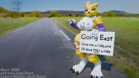 2024 3d anthro areola armwear bacn bandai_namco big_breasts black_sclera blue_eyes bottomless breasts canid canine clothed clothing detailed_background digimon digimon_(species) digital_media_(artwork) english_text female fox fur hi_res hitchhiking holding_object looking_at_viewer mammal nipples nude offering_sex outside partially_clothed plant presenting renamon renamon_(bacn) road smile solo standing text topless topless_female tree white_body white_fur yellow_body