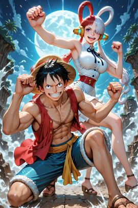 abs ai_generated breasts curvy curvy_female female male male/female monkey_d_luffy muscular muscular_male one_piece scar scar_on_chest smile thick_thighs uta_(one_piece) wide_hips