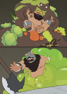 1boy absurdres anal axe bara beard big_belly bound cabbage dungeon_meshi dwarf facial_hair fake_horns fat fat_male golem golem_(dungeon_meshi) helmet highres horned_helmet horns long_beard male male_focus monster moustache peeing penis quanjiang senshi_(dungeon_meshi) sex size_difference slime_(creature) split_screen tearing_up thick_mustache uncensored very_long_beard yaoi