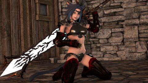 5_toes animal_humanoid armwear blue_hair breasts cat_humanoid clothed clothing devilscry digital_media_(artwork) duo feet felid felid_humanoid feline feline_humanoid female final_fantasy final_fantasy_(series) final_fantasy_xiv fingers hair humanoid mammal mammal_humanoid markings merle_nyalentine miqo'te navel short_hair small_breasts source_filmmaker source_filmmaker3d square_enix sword topwear video_games