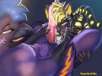 after_oral after_sex anthro anthro_on_anthro avian bird bodily_fluids cade_harrow changed_(video_game) corvid corvus_(genus) crow cum cum_drip cum_in_mouth cum_inside cum_on_body cum_on_face cum_string cumshot dripping duo ejaculation excessive_cum excessive_genital_fluids genital_fluids genitals glowing glowing_markings hand_on_leg hi_res hypnocat_(changed) looking_at_another male male/male markings niko_hypno_(ryaniko94br) oscine passerine penis ryaniko94br tapering_penis wings