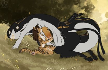 anthro anthro_on_feral bodily_fluids breasts cum dragon duo felid fellatio female feral forest forest_background genital_fluids genitals halanari handjob hi_res male male/female mammal mythological_creature mythological_scalie mythology nature nature_background oral pantherine penile penis plant scalie sex size_difference tiger tree zoophilia