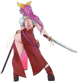 1girls 2d ass back_view big_ass boots dress facing_away female greenm hair_ribbon holding_sword holding_weapon huge_ass long_hair long_skirt looking_at_viewer looking_back looking_back_at_viewer pink_eyes pink_hair ponytail princess puffy_short_sleeves short_sleeves simple_background skirt solo source standing sword tied_hair touhou watatsuki_no_yorihime white_background