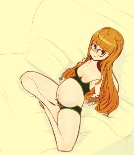 1girls beegu belly big_belly breasts cleavage erect_nipples female glasses nipple_bulge nipples orange_hair persona persona_5 pregnant pubic_hair pussy sakura_futaba sitting sofa solo
