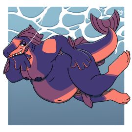 anthro ass baron_montesque baron_montesque_(copyright) belly big_ass big_belly big_butt black_eyes cel_shading fangs fat_rolls fin fish fish_hook fishing fishing_line genitals gills hi_res hook landon_the_salmon_(character) looking_at_viewer male marine markings moobs navel nipples orange_body orange_scales overweight overweight_anthro penis presenting presenting_hindquarters purple_body purple_fins purple_scales salmon salmonid_(fish) scales shaded slit_(disambiguation) solo stripes superchub tail teeth underwater water