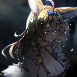 animal_ears black_hair blonde_hair blush braid breasts cleavage commentary_request female fingernails fox_ears fox_girl hair_ornament hairclip half-closed_eyes heart heart-shaped_pupils hololive hololive_gen_5 hololive_japan large_breasts long_hair looking_at_viewer marking_below_eyes multicolored_hair nail_polish omaru_polka omaru_polka_(1st_costume) parted_lips pink_hair purple_eyes red_nails sharp_fingernails side_braid solo streaked_hair sui_hi_sf symbol-shaped_pupils upper_body virtual_youtuber