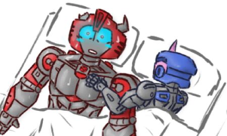 after_sex alien arcee arcee_(prime) bed bedsheets blanket blue_eyes blush cliffjumper female horn horns humanoid jiggylewds pillow red_headwear robot shocked sleeping sweat sweatdrop sweating transformers